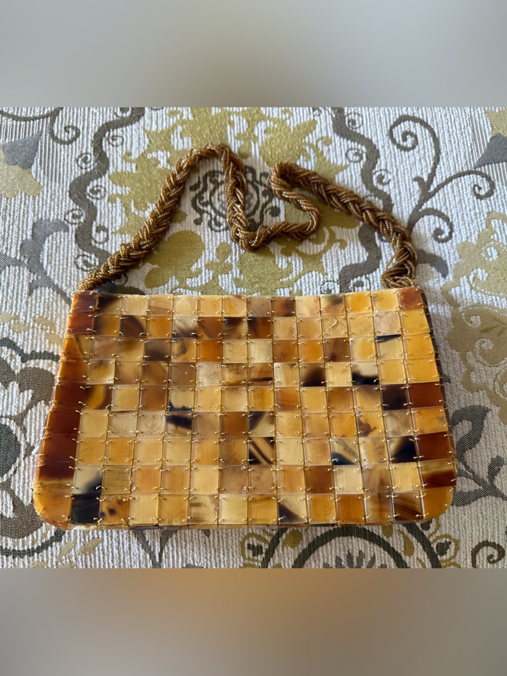 Shiraleah Purse Handbag Vintage Tortoise Shell Stitched Gold Zipper bead new